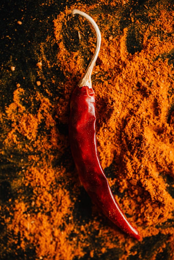 Red chilli pepper on powder of ground spices